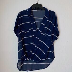 Papaya Blue Stripes Wrap Top Blouse High Low Hem Women size Medium Sheer Coastal